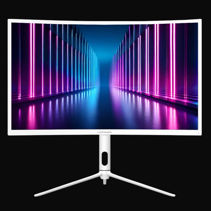Monitor in frontaler Ansicht mit LC-Power Logo und grauem Hintergrund.