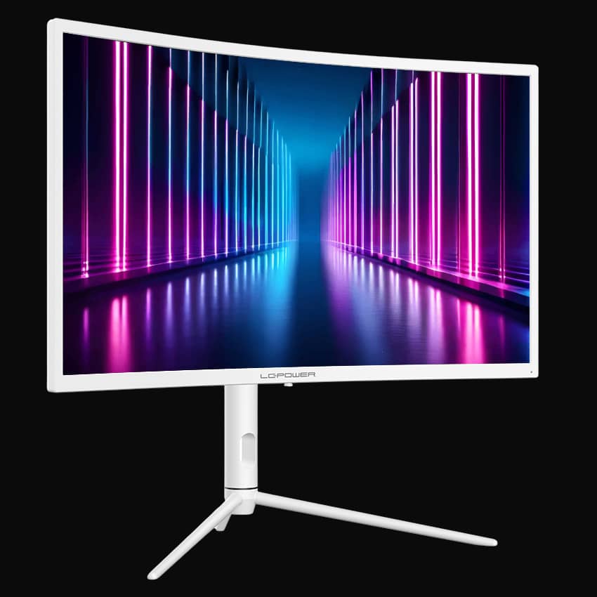 Monitor in leicht seitlicher, frontaler Ansicht und grauem Hintergrund.