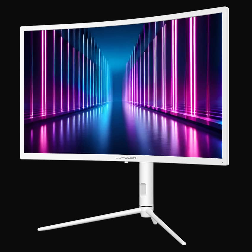 Monitor in leicht seitlicher, frontaler Ansicht und grauem Hintergrund.