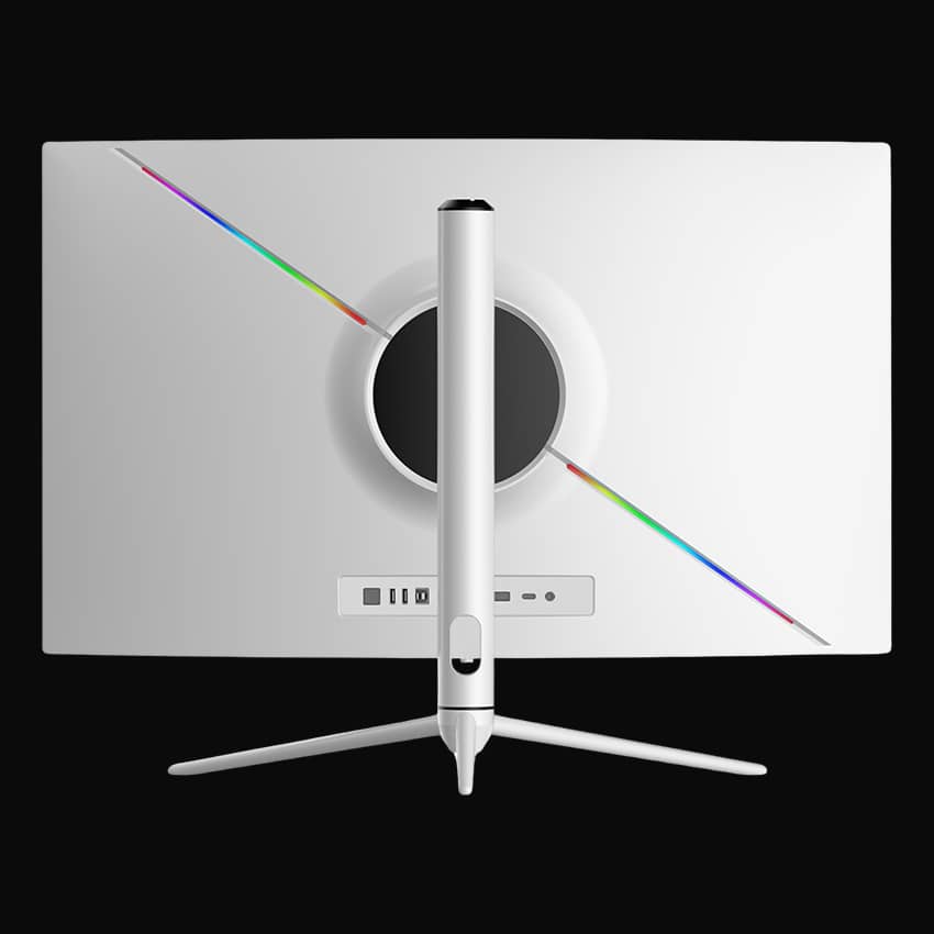 Rückseite des Monitors auf grauem Hintergrund.