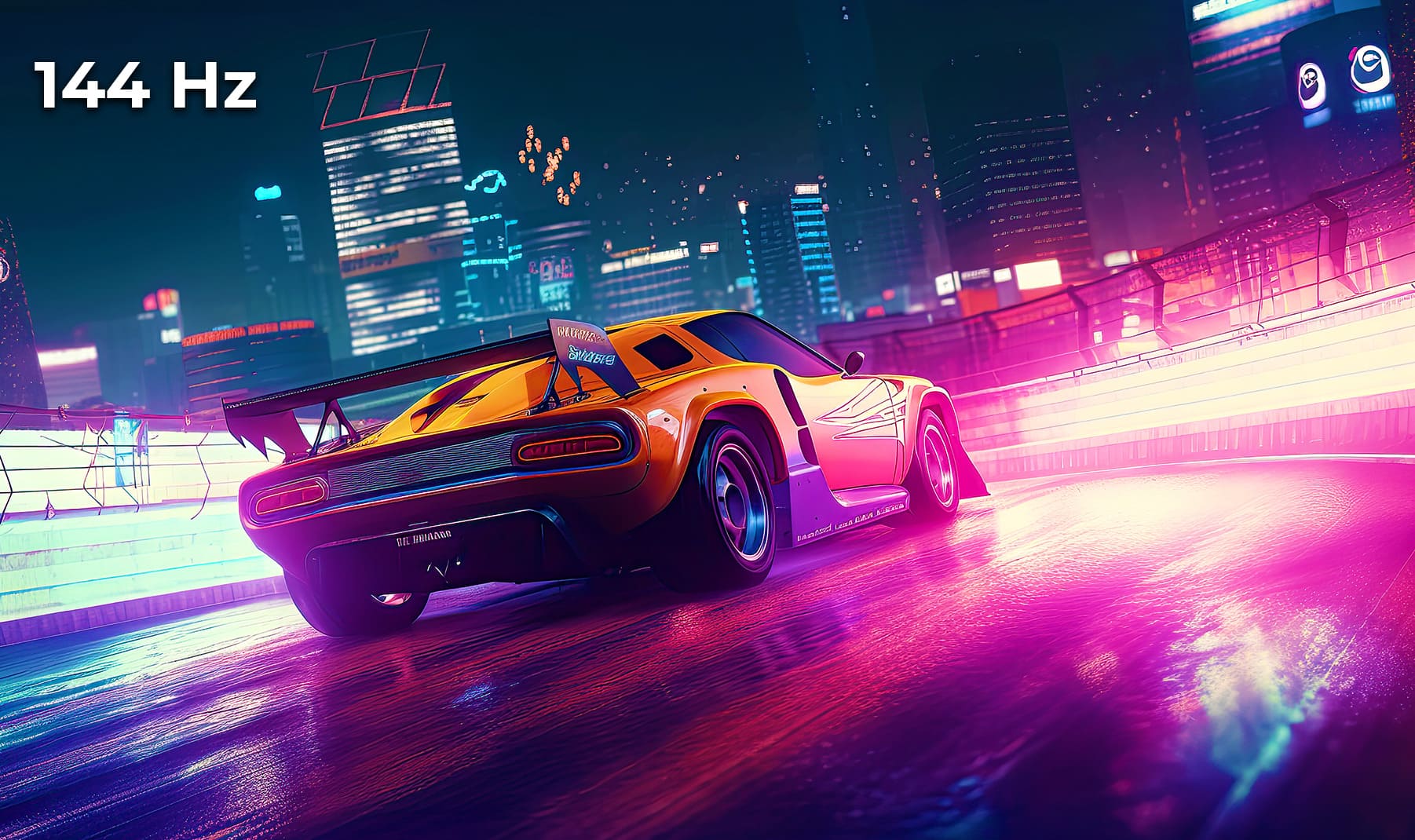 Sportwagen, welcher schnelle Bewegungen darstellen soll, für ein Vergleichsbild scharf in 144 Hertz