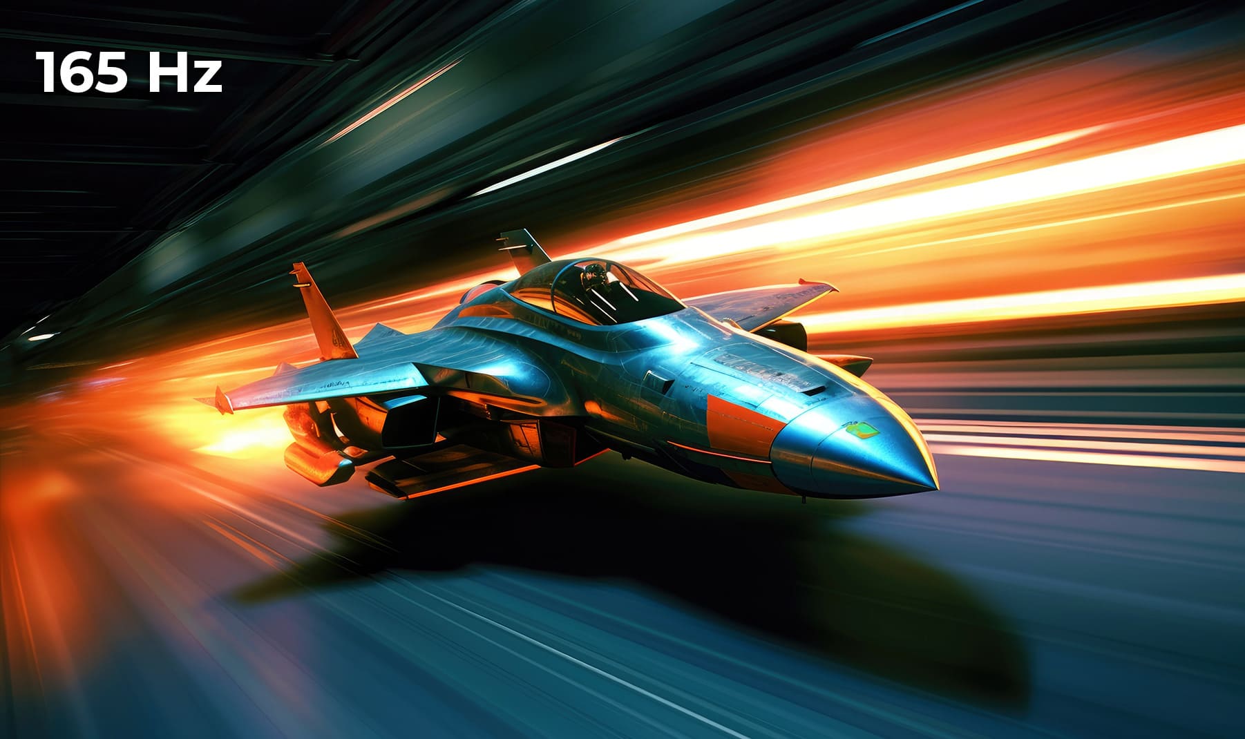 Militärjet, welcher schnelle Bewegungen darstellen soll, für ein Vergleichsbild scharf in 165 Hertz