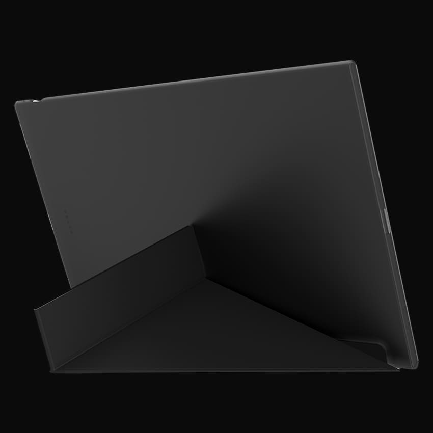 LC-M16-4K-UHD-P-OLED portabler Monitor mit grauem Hintergrund inklusive Ständer von hinten rechts