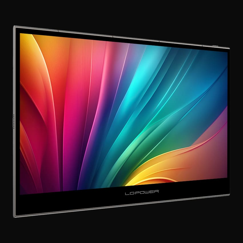 LC-M16-4K-UHD-P-OLED portabler Monitor mit grauem Hintergrund von links vorne