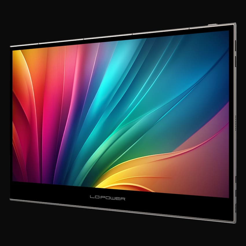 LC-M16-4K-UHD-P-OLED portabler Monitor mit grauem Hintergrund von rechts vorne