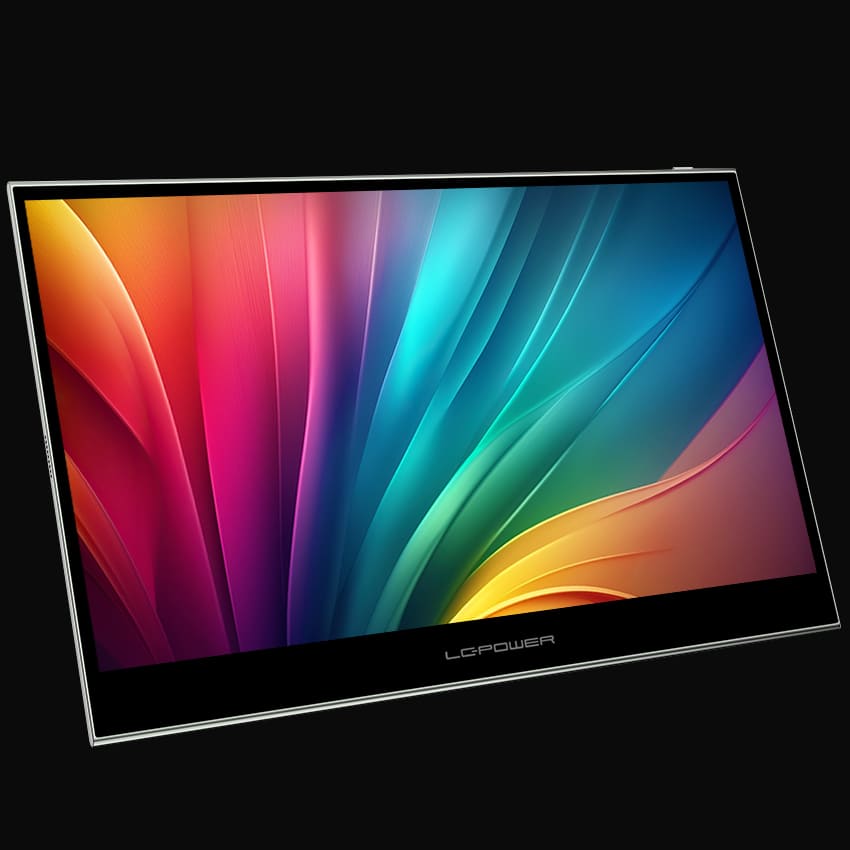 LC-M16-4K-UHD-P-OLED portabler Monitor mit grauem Hintergrund schraeg von vorne