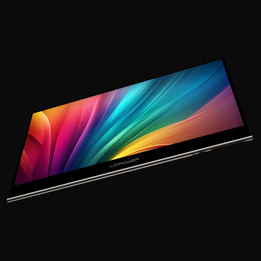 LC-M16-4K-UHD-P-OLED portabler Monitor mit grauem Hintergrund nach hinten gekippt