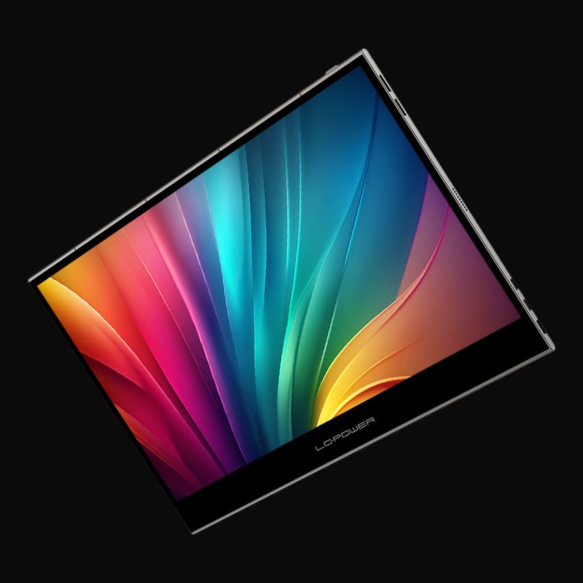LC-M16-4K-UHD-P-OLED portabler Monitor mit grauem Hintergrund nach vorne gekippt
