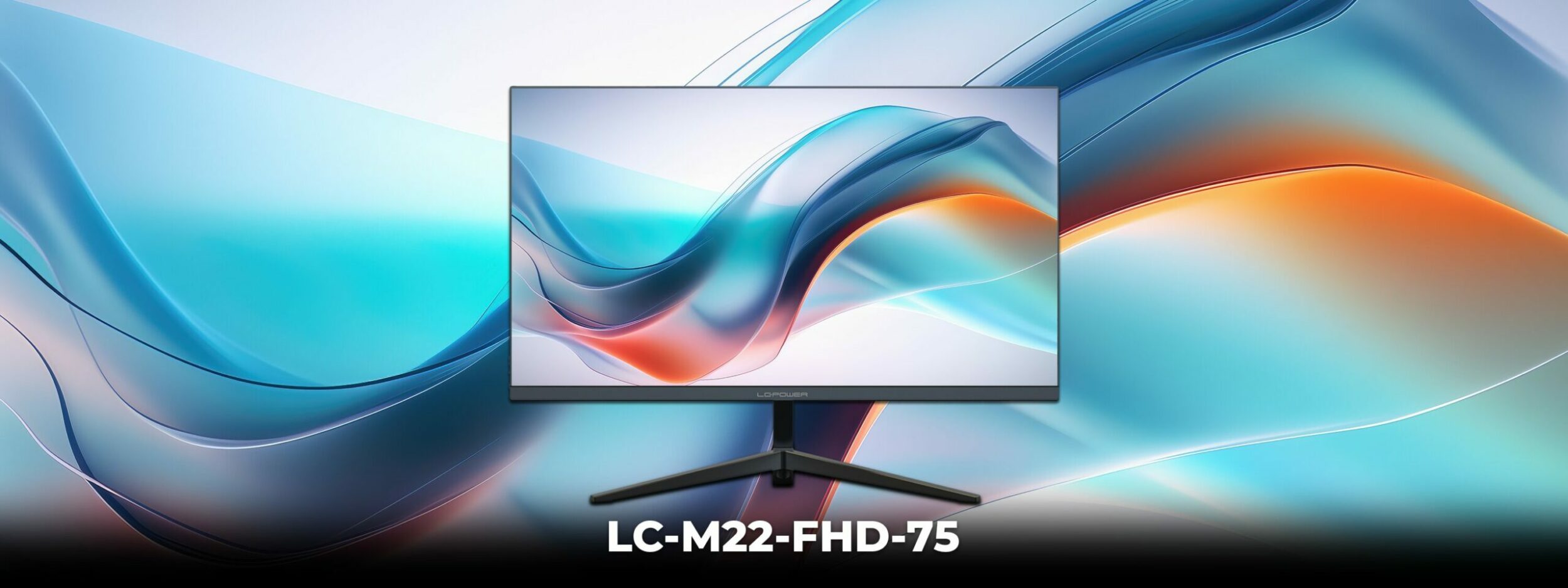 LC-M22-FHD-75 vor einem Hintergrund in blau und orange in Wellenform.