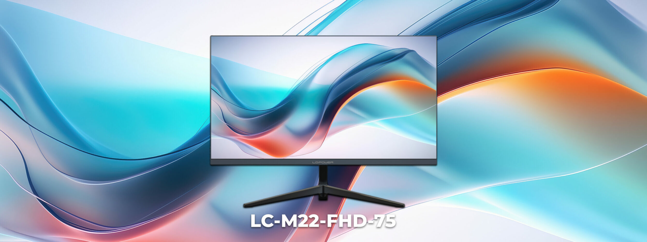 LC-M22-FHD-75 vor einem Hintergrund in blau und orange in Wellenform.