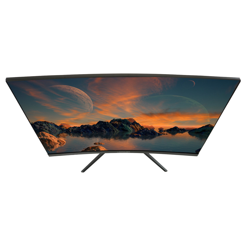 Monitor wird von oben gezeigt und so kann die Krümmung des Bildschirmes erkannt werden