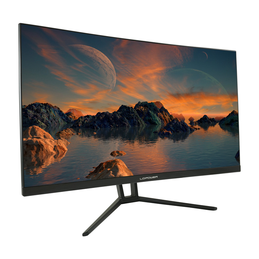 Monitor wird von vorne gezeigt. Auf dem Monitor ist ein See, Berge und ein in orange leuchtender Himmel zu sehen.