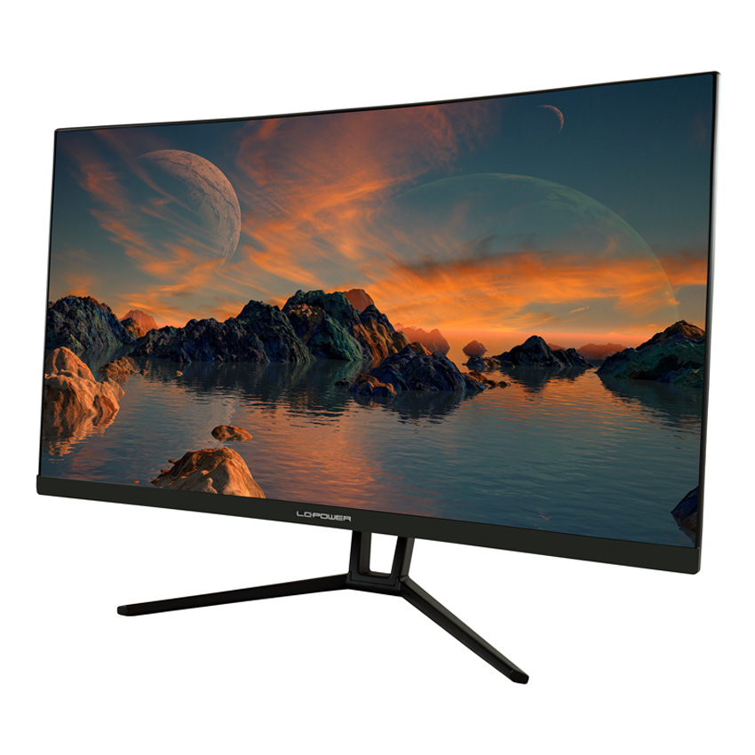 Monitor wird von vorne gezeigt. Auf dem Monitor ist ein See, Berge und ein in orange leuchtender Himmel zu sehen.
