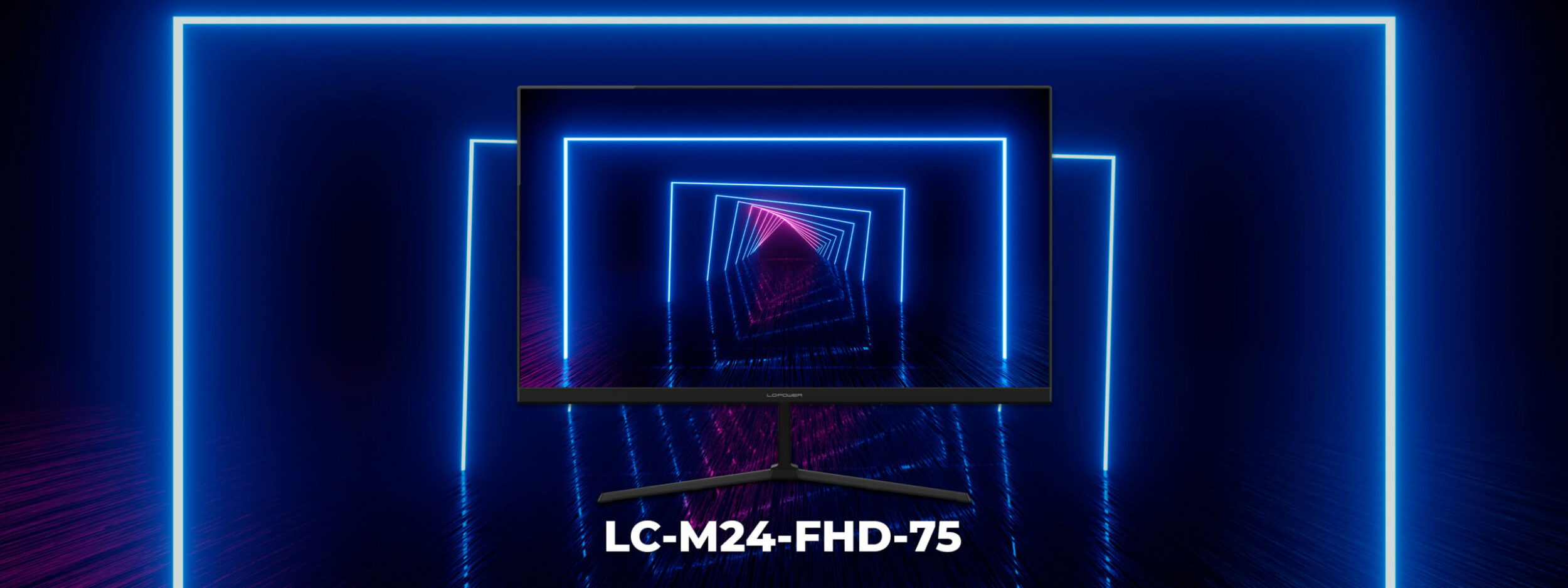 LC-M24-FHD-75 Monitor vor Toren mit Neonlicht