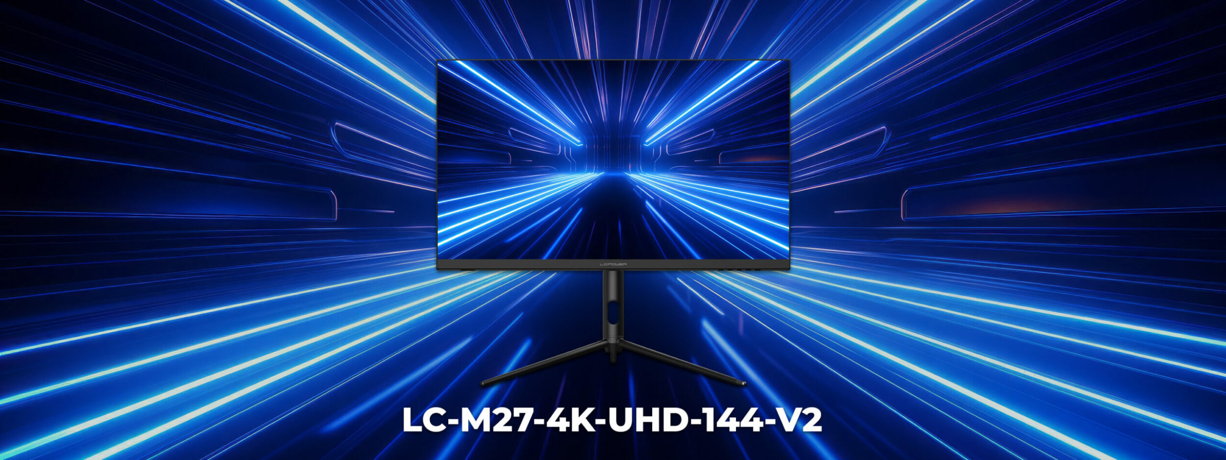 LC-M27-4K-UHD-144-V2 Gaming Monitor in blauen Hyperraum Neonlinien