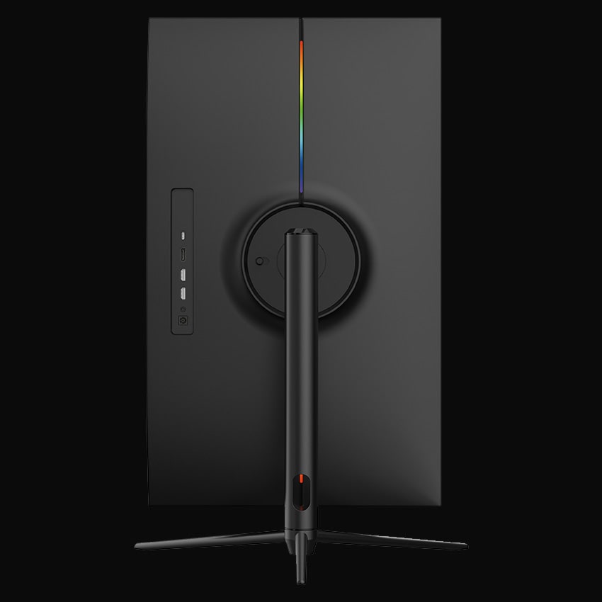 LC-M27-4K-UHD-144-V2 Gaming Monitor mit grauem Hintergrund von hochkant von hinten