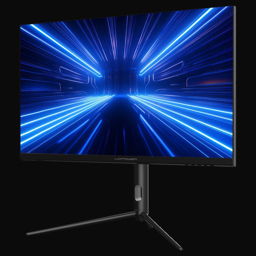 LC-M27-4K-UHD-144-V2 Gaming Monitor mit grauem Hintergrund von vorne rechts