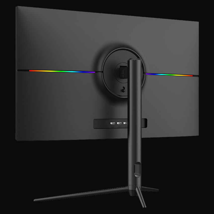 LC-M27-4K-UHD-144-V2 Gaming Monitor mit grauem Hintergrund von hinten links