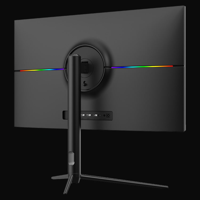 LC-M27-4K-UHD-144-V2 Gaming Monitor mit grauem Hintergrund von hinten rechts
