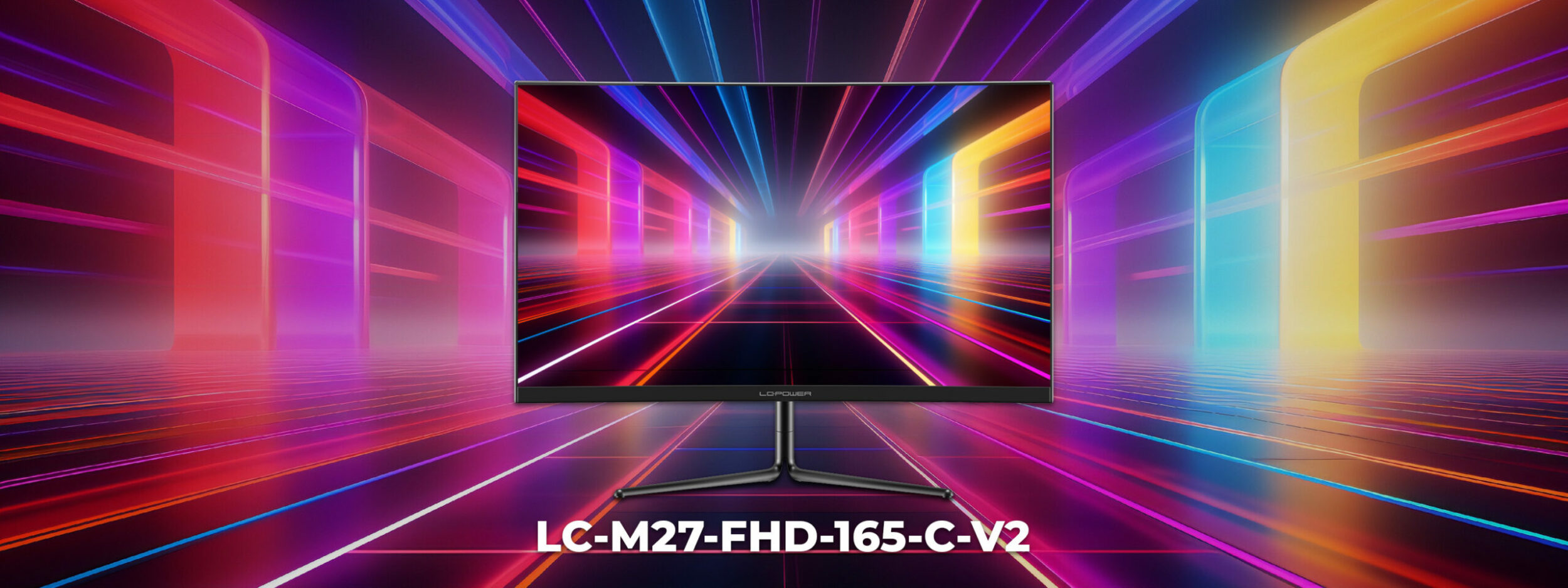 Auf dem Bild wird der LC-M27-FHD-165-C-V2 gezeigt. Im Hintergrund sind bunte und neon leuchtende Streifen zu sehen.