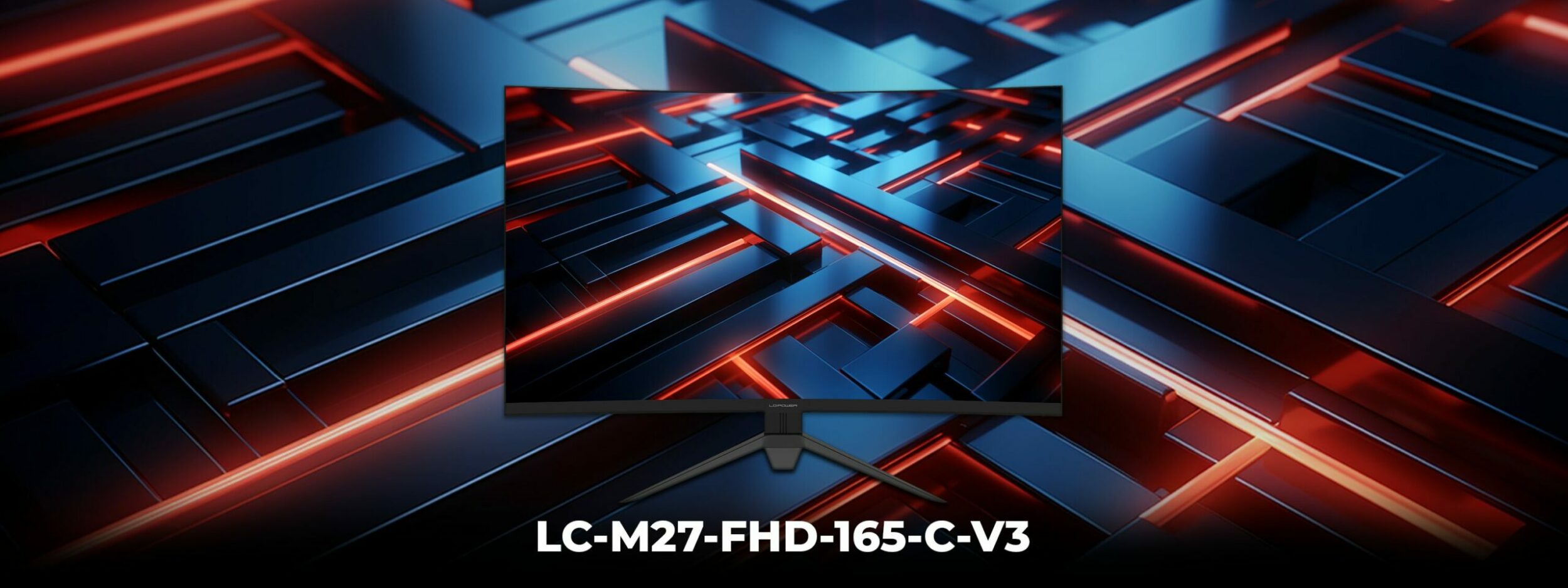 Auf dem Bild wird der LC-M27-FHD-165-C-V3 gezeigt. Im Hintergrund und auf dem Bildschirm sind schwarze und neon rot leuchtende Striche zu sehen.