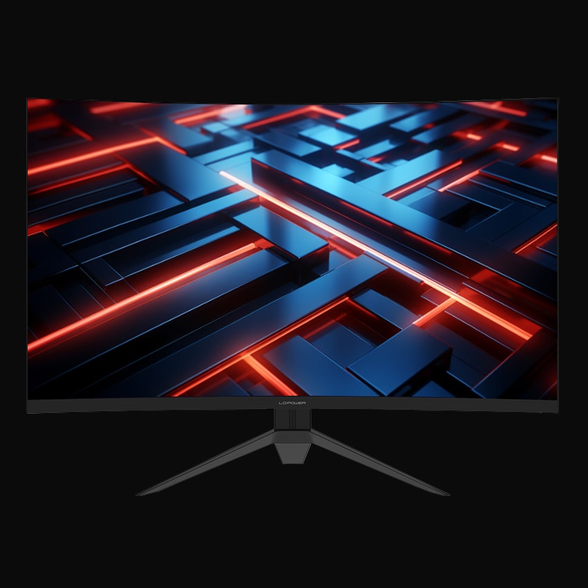 Monitor in frontaler Ansicht mit LC-Power Logo und grauem Hintergrund.