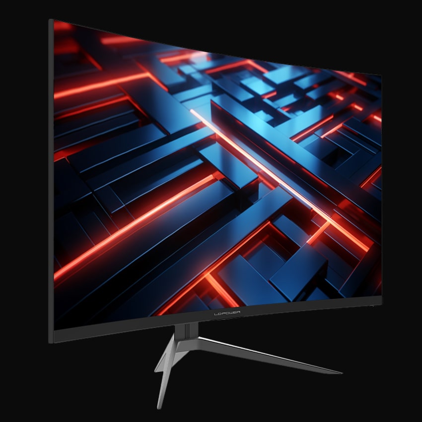 Monitor in leicht seitlicher Ansicht mit LC-Power Logo und grauem Hintergrund.