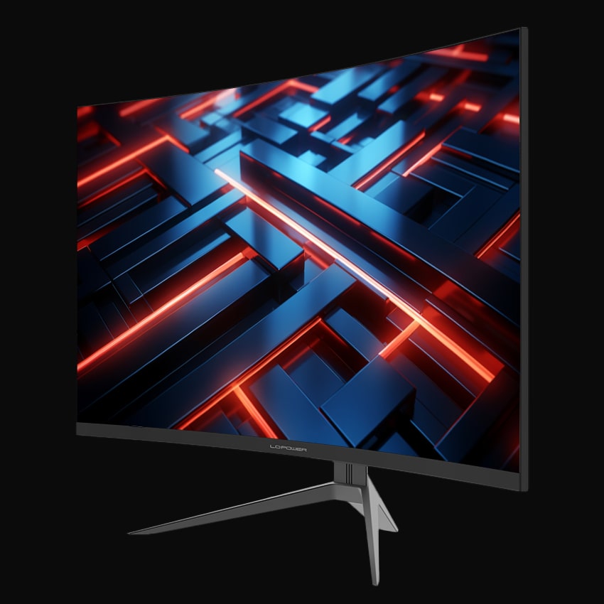 Monitor in leicht seitlicher Ansicht mit LC-Power Logo und grauem Hintergrund.