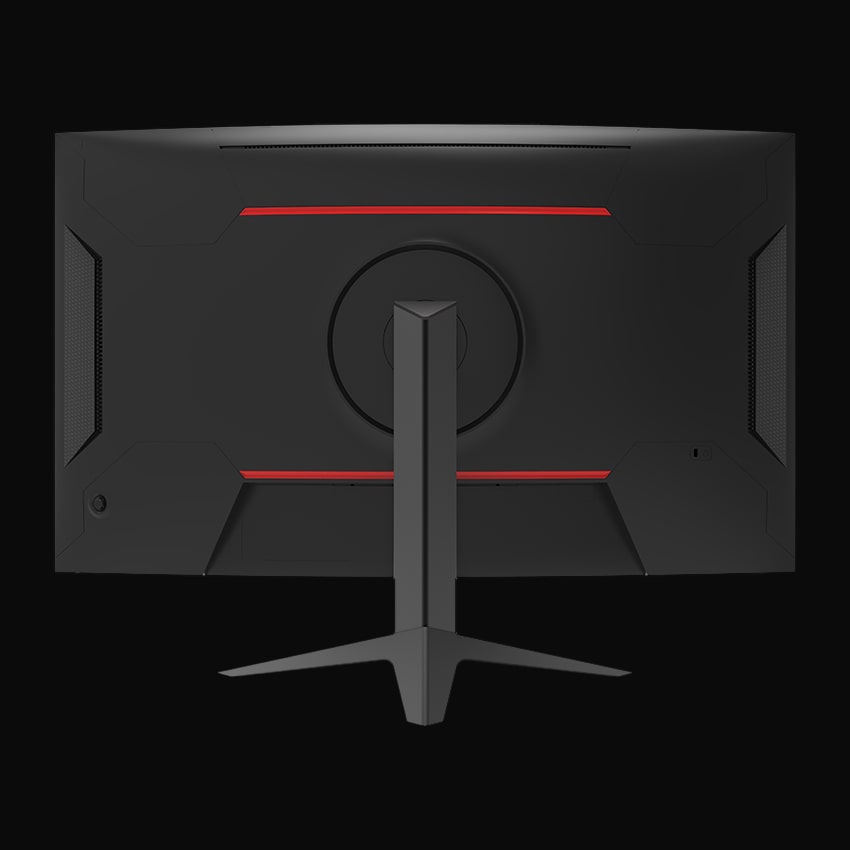 Rückseite des Monitors mit grauem Hintergrund.