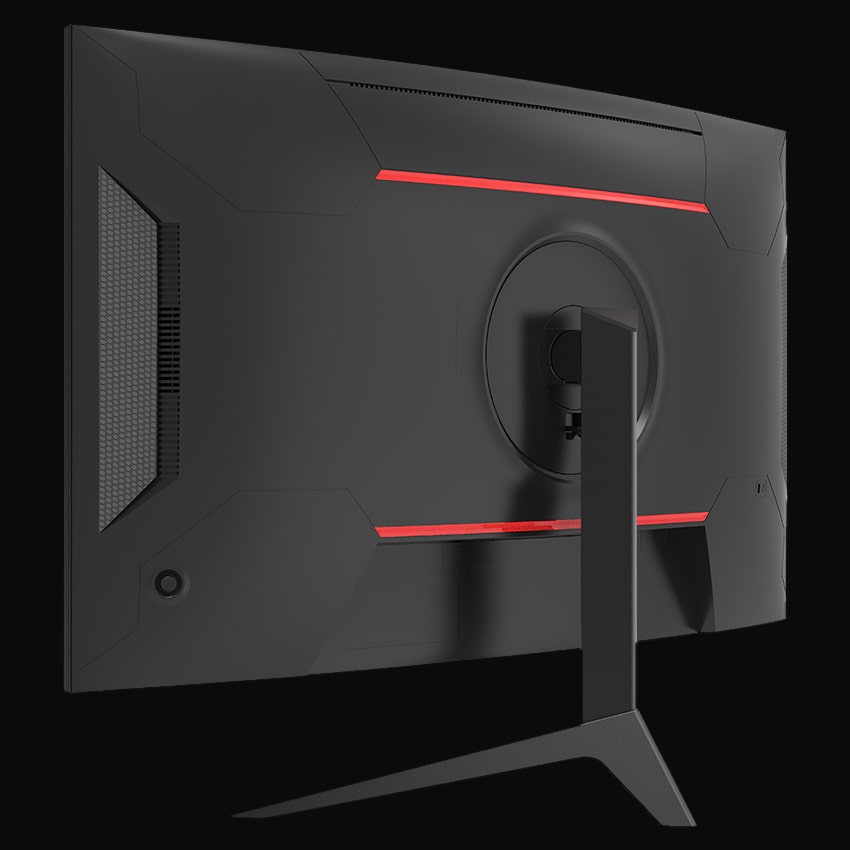 Leicht seitliche Ansicht der Rückseite des Monitors mit grauem Hintergrund.