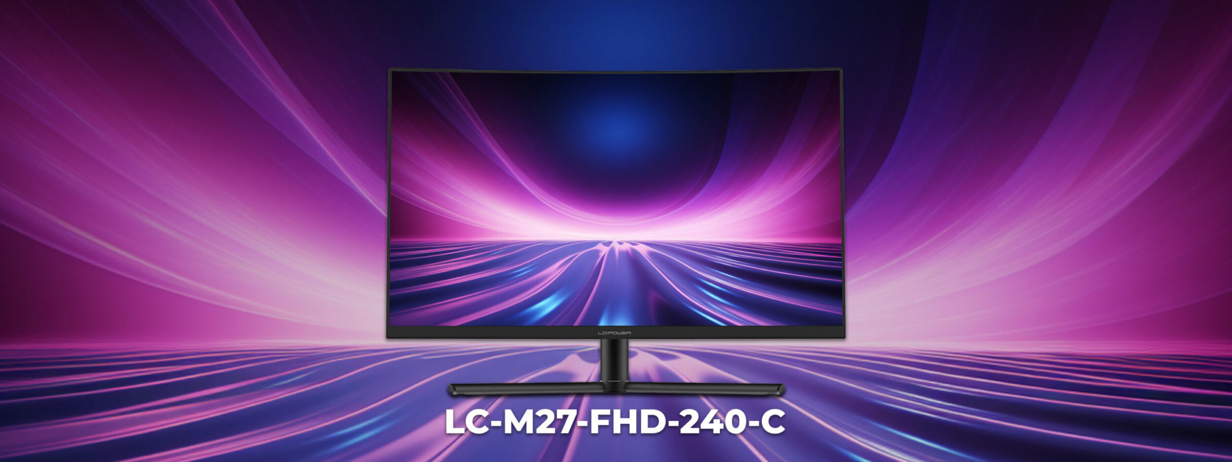 Hero Image des Monitors LC-M27-HD-240-C mit einem lila und pinken Hintergrund.