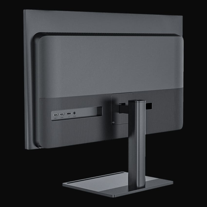LC-M28-4K-UHD Monitor mit grauem Hintergrund von links hinten