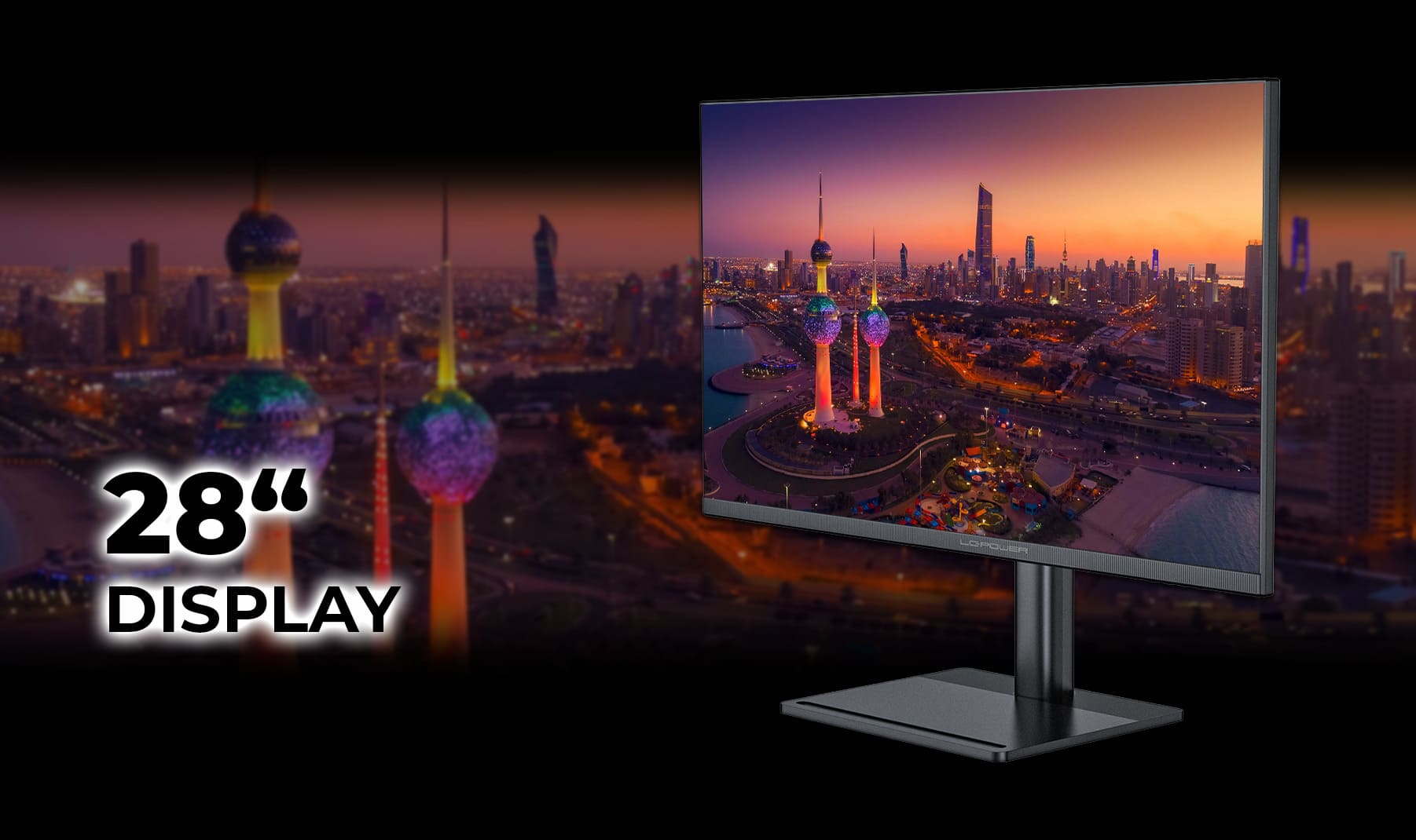 LC-M28-4K-UHD Monitor mit 28 Zoll und einer Skyline bei Abenddaemmerung als Hintergrund
