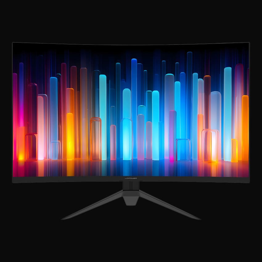 Monitor in frontaler Ansicht mit LC-Power Logo und grauem Hintergrund.