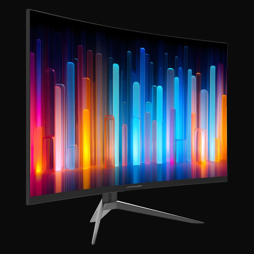 Monitor in leicht seitlicher, frontaler Ansicht und grauem Hintergrund.