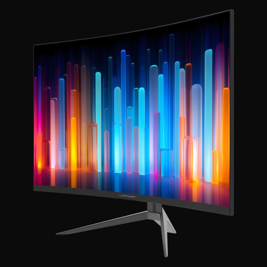 Monitor in leicht seitlicher, frontaler Ansicht und grauem Hintergrund.