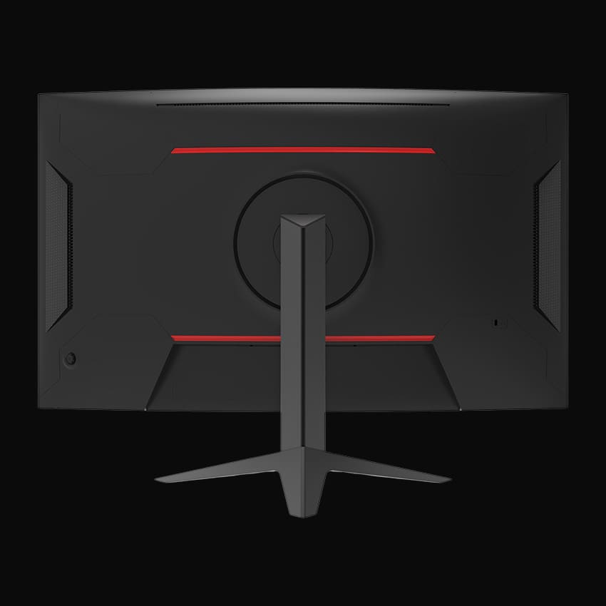 Rückseite des Monitors auf grauem Hintergrund.
