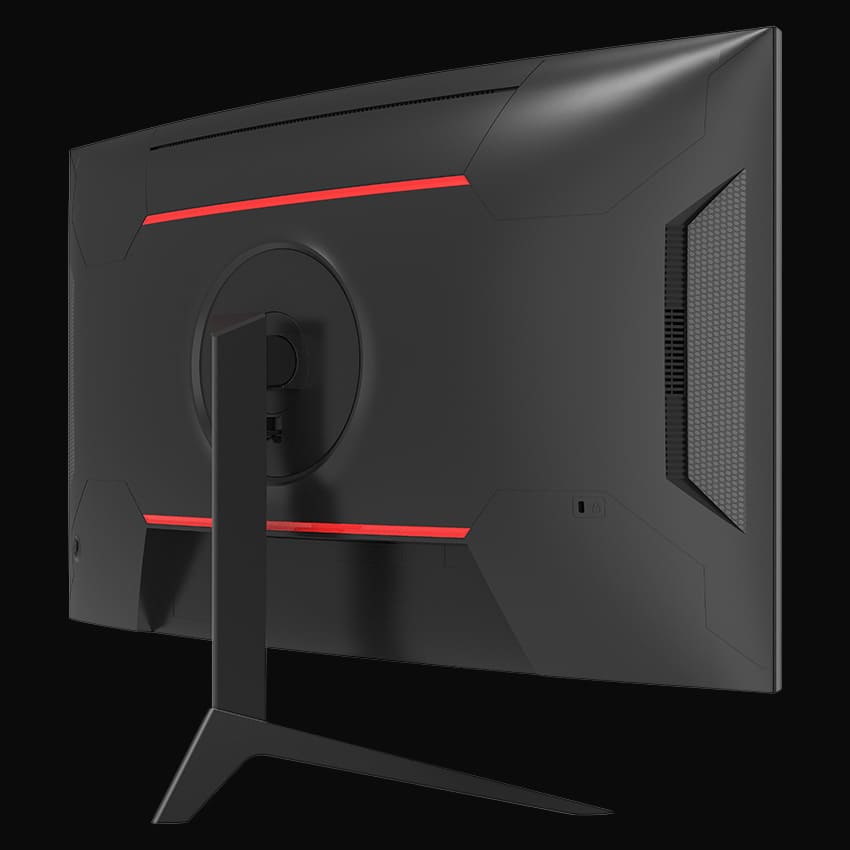Seitliche Rückseite des Monitors auf grauem Hintergrund.