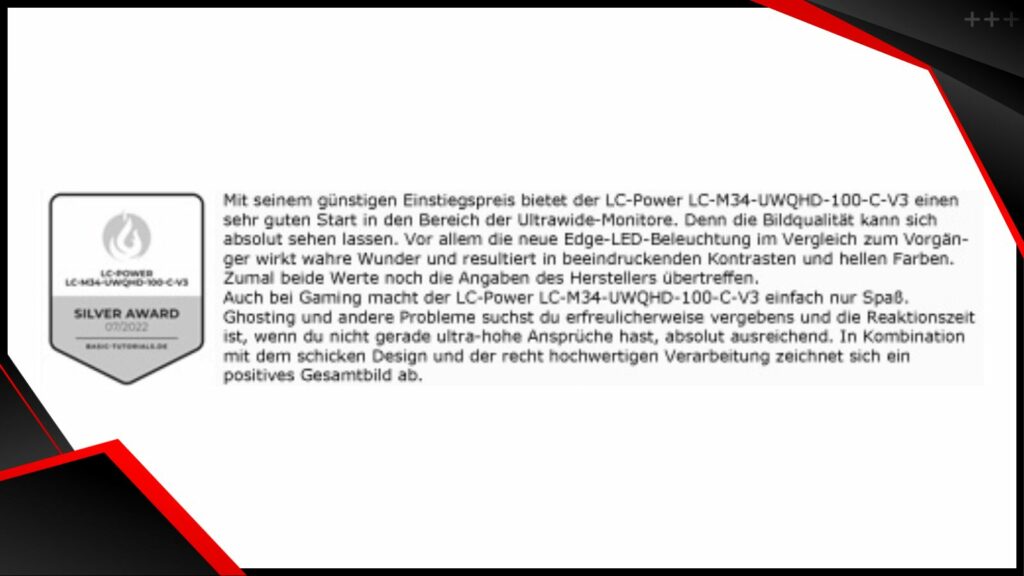 Zusammenfassung der positiven Review von Basic Tutorial über den LC-M34-UWQHD-100-C-V3