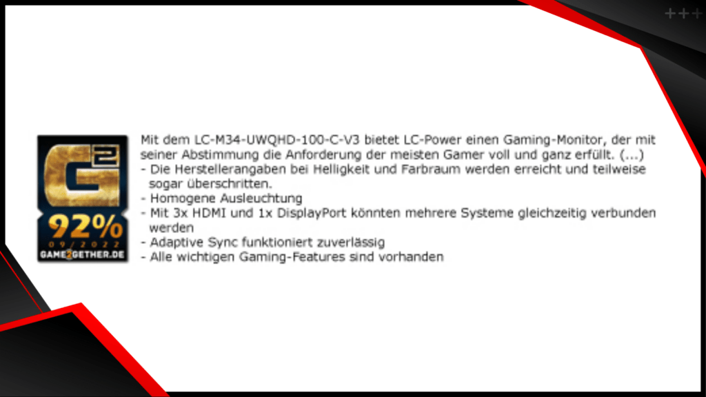 Zusammenfassung der positiven Review von Game2Gether über den LC-M34-UWQHD-100-C-V3