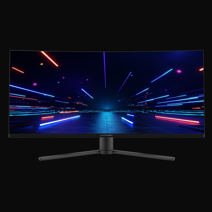 Monitor in frontaler Ansicht mit LC-Power Logo und grauem Hintergrund.