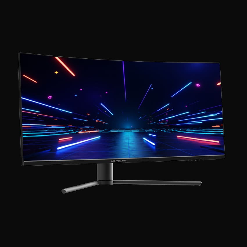 Monitor in leicht seitlicher, frontaler Ansicht und grauem Hintergrund.