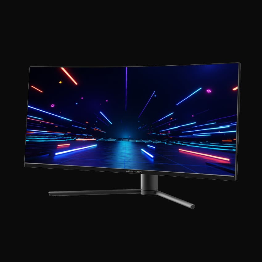 Monitor in leicht seitlicher, frontaler Ansicht und grauem Hintergrund.