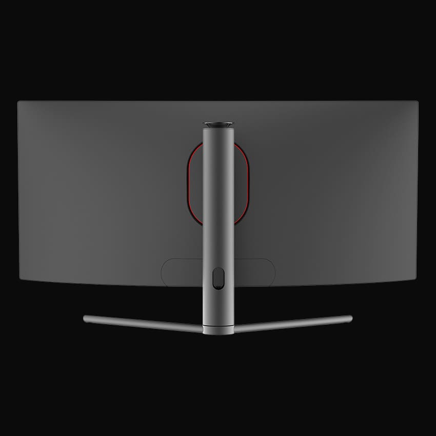 Rückseite des Monitors auf grauem Hintergrund.