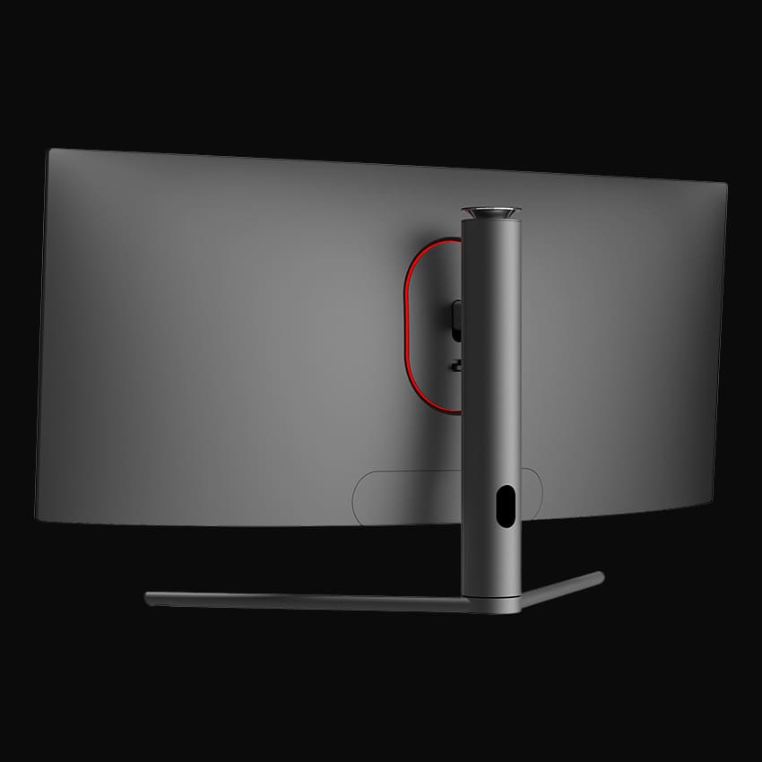 Seitliche Rückseite des Monitors auf grauem Hintergrund.