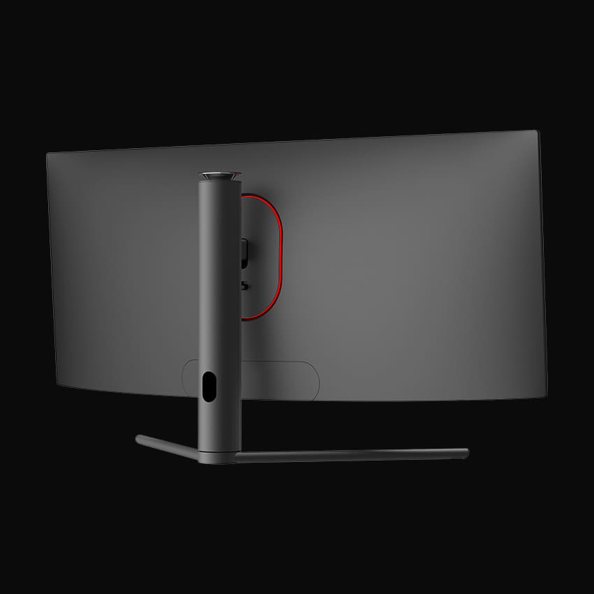 Seitliche Rückseite des Monitors auf grauem Hintergrund.
