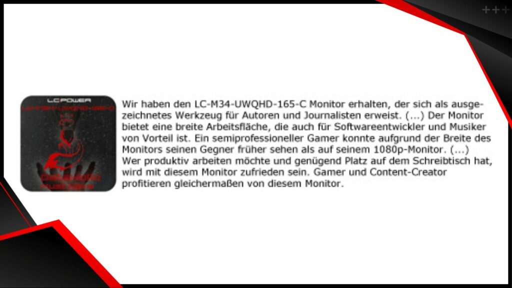 Zusammenfassung der positiven Review von Dataholic über den LC-M34-UWQHD-165-C
