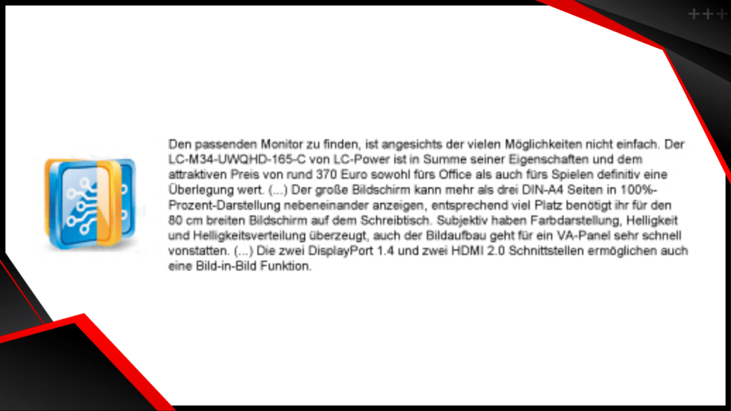 Zusammenfassung der positiven Review von hartware über den LC-M34-UWQHD-165-C