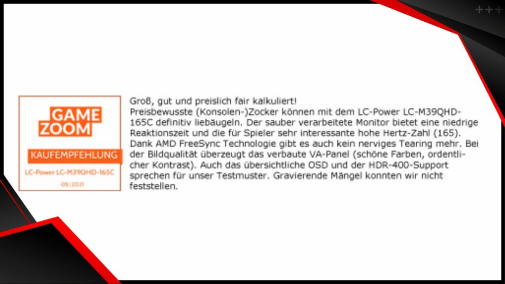 Zusammenfassung der positiven Review von GameZoom über den LC-M39-QHD-165-C