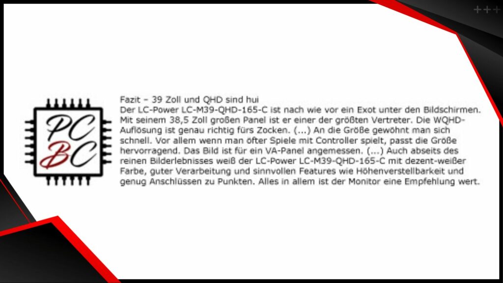 Zusammenfassung der positiven Review von PCBuilder's Club über den LC-M39-QHD-165-C
